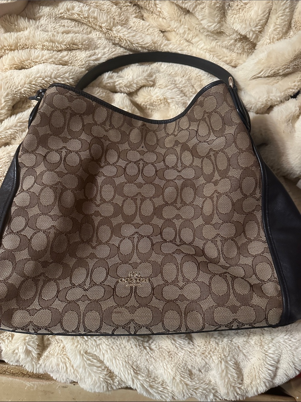 Coach Brown Signature Canvas Shoulder Hobo with Black Trim